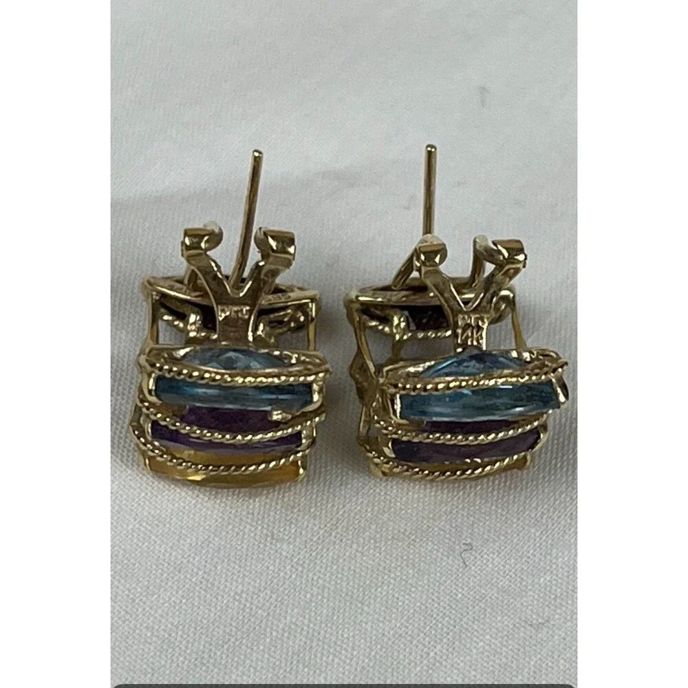 PTJ 14k YELLOW‎ GOLD GARNET, PERIDOT, BLUE TOPAZ, AMETHYST & TOPAZ HOOP EARRINGS